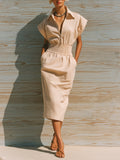 Chic Elegant Light Pink Cotton Lapel Collor Zipper-Front Short-Sleeve Elastic-Waist Midi Dress