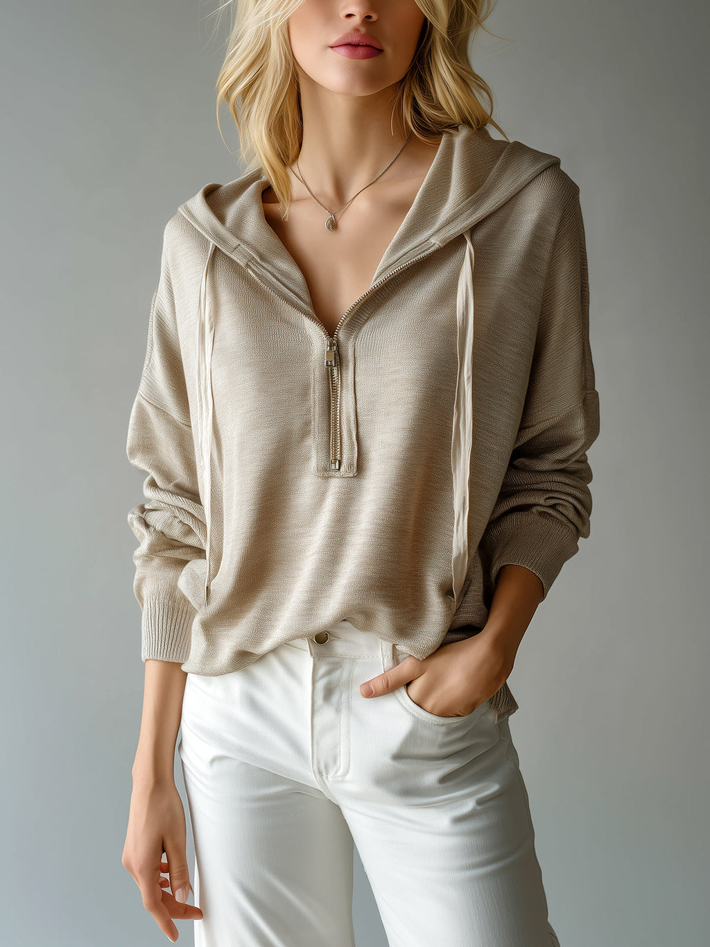 Chic Casual Beige Hooded Half-Zip Drawstring Oversized Knit Sweater