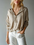 Chic Casual Beige Hooded Half-Zip Drawstring Oversized Knit Sweater