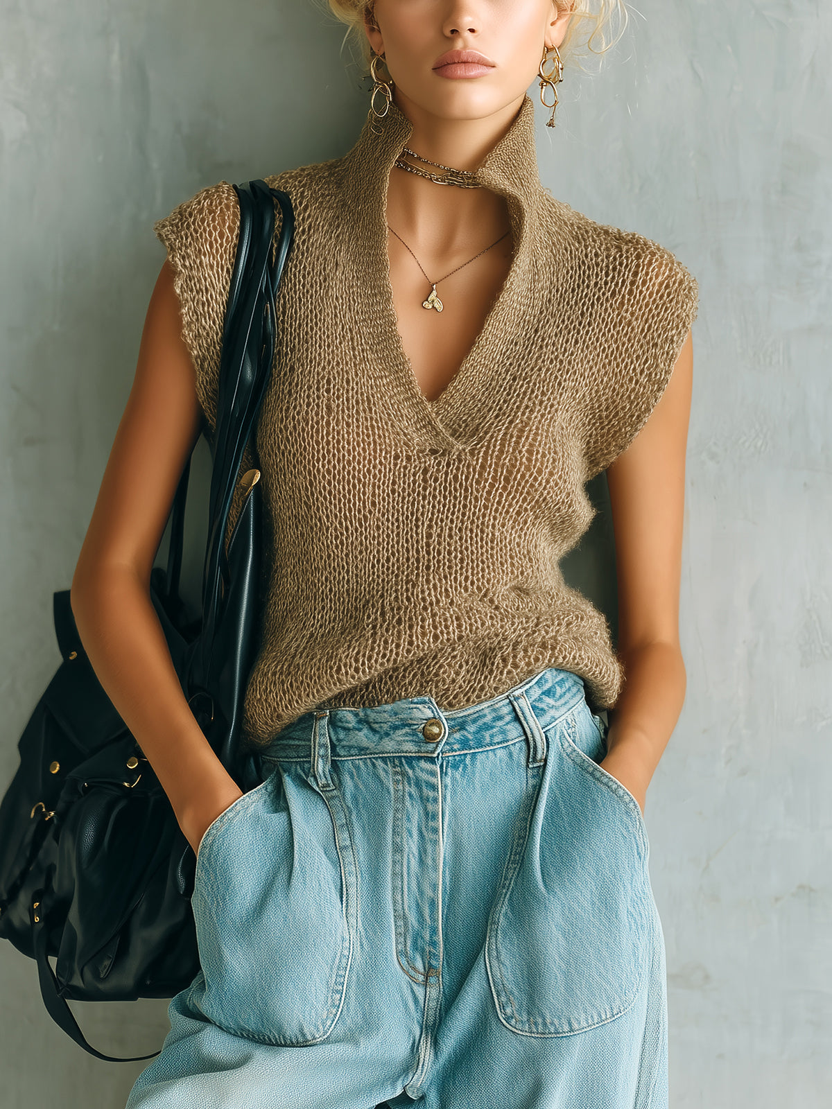 Chic Elegant Camel Stand Collar Loose-Fit Knit Hollow Mesh Knit Vest Top