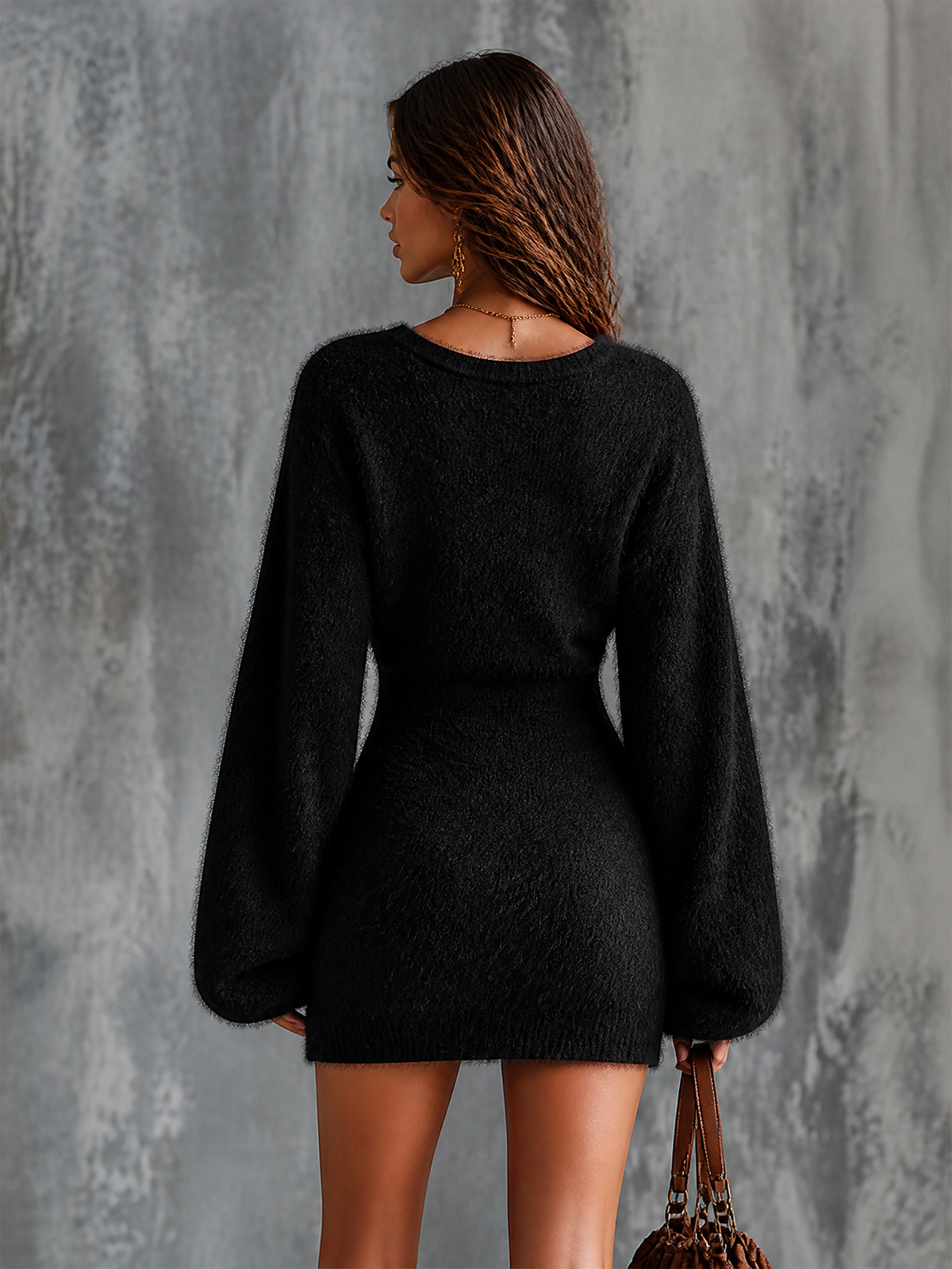 Chic Elegant Black V-Neck Tie Front Long Sleeve Loose-Fit Fuzzy Mohair-Blend Knit Mini Dress
