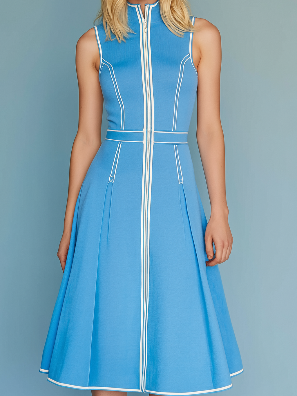 Chic Elegant Blue Trim Neck Zipper-up Round-Neck Sleeveless Tailored-Waist A-Line Cotton Blend Midi Dress
