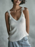 Chic Casual White Self-Tie Strap V-Neck Slim-Fit Knit Camisole
