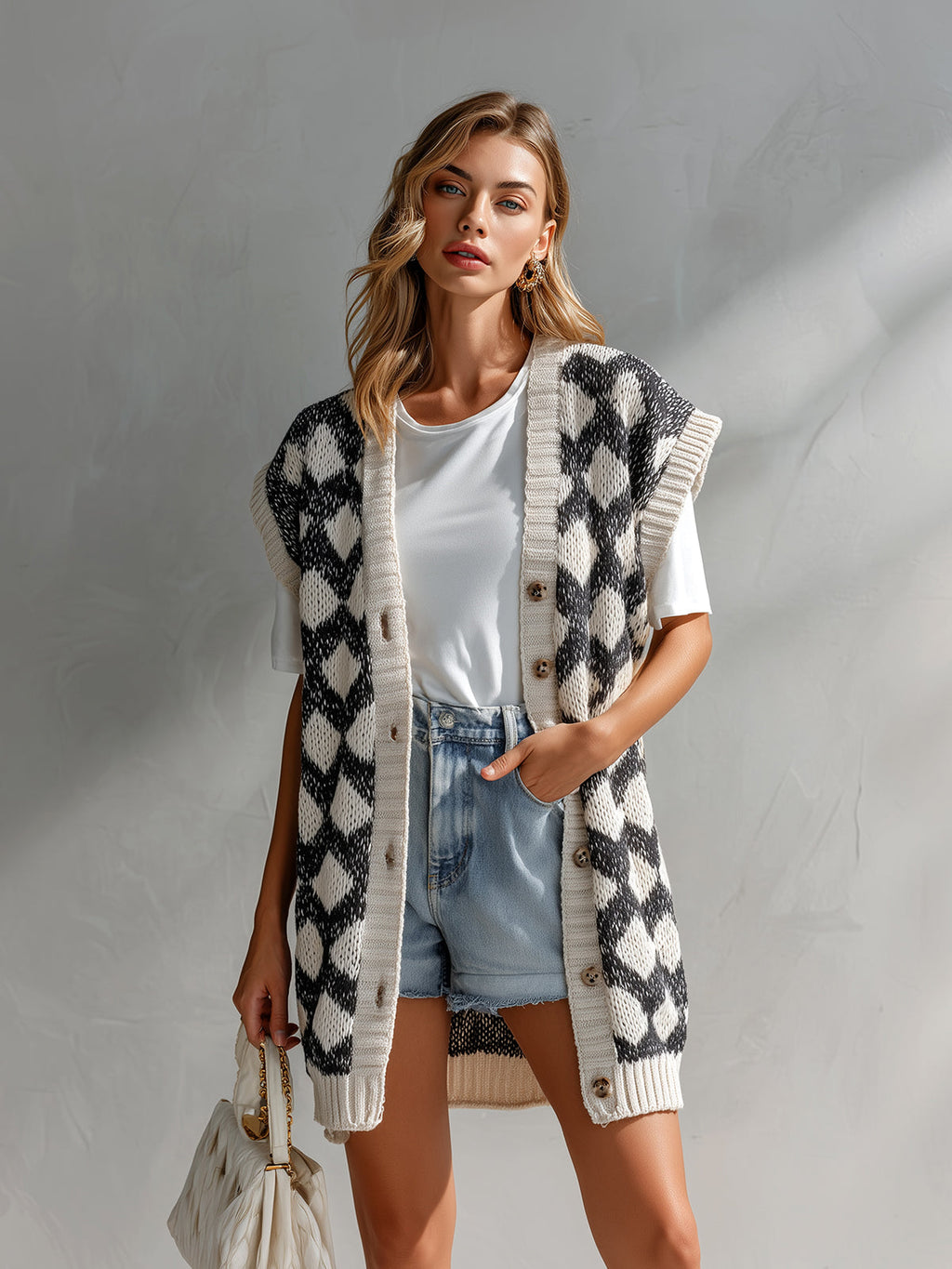 Chic Casual Black-Beige Geometric Jacquard V-Neck Single-Breasted Sleeveless Oversize Knit Vest