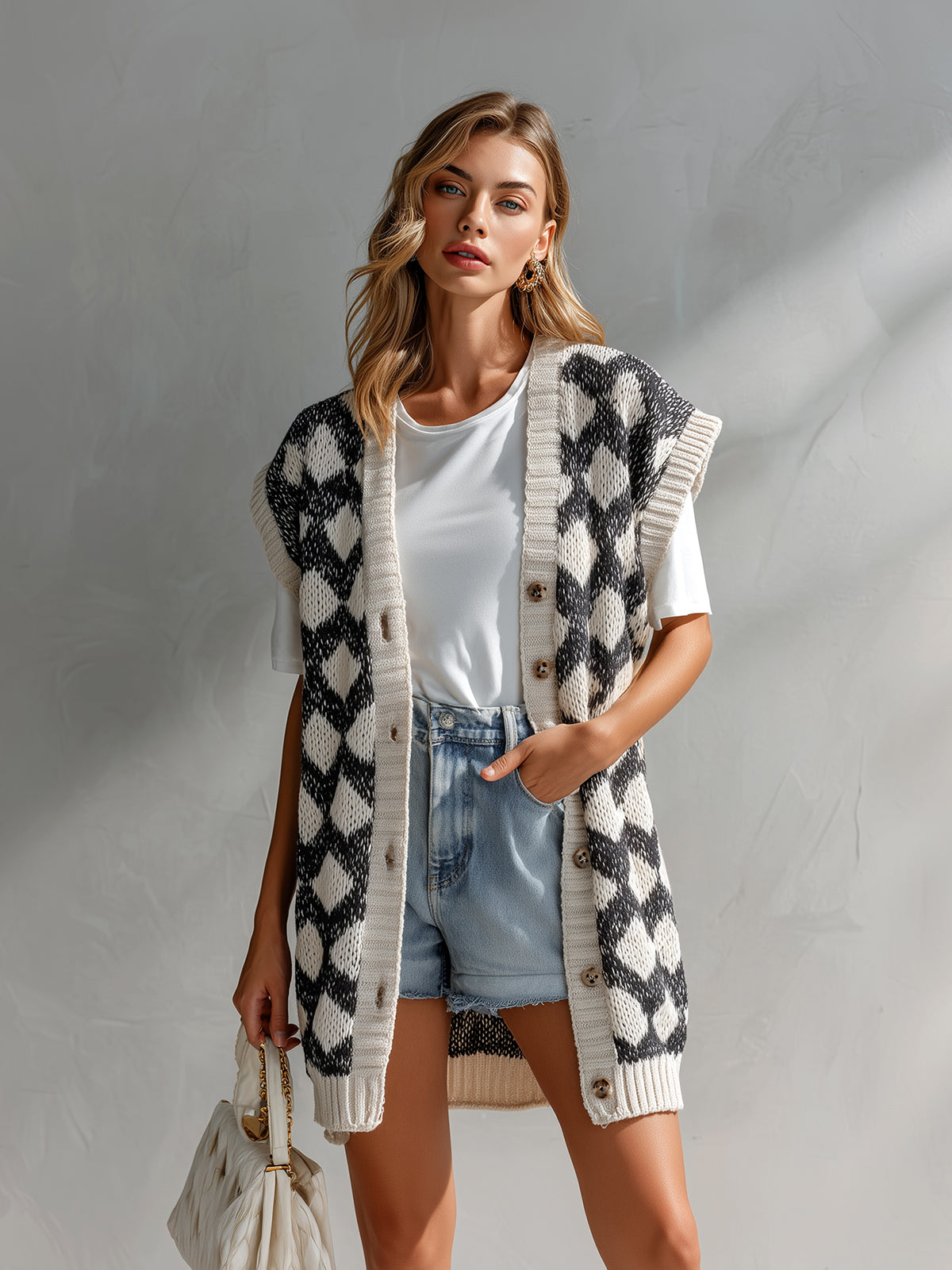 Chic Casual Black-Beige Geometric Jacquard V-Neck Single-Breasted Sleeveless Oversize Knit Vest