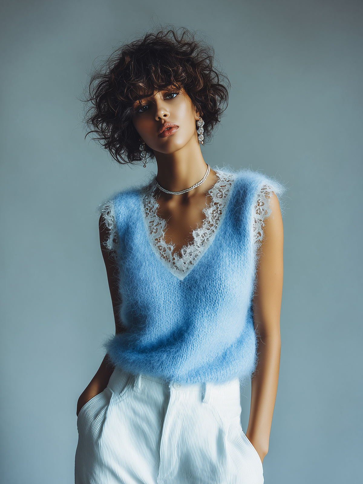 Chic Vintage Blue V-Neck Lace Trim Details Sleeveless Loose-Fit Fuzzy Knit Tank Top