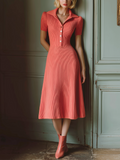 Chic Elegant Red Lapel Collar Short-Sleeve Button-Front Slim-Fit Ribbed Knit A-Line Midi Dress