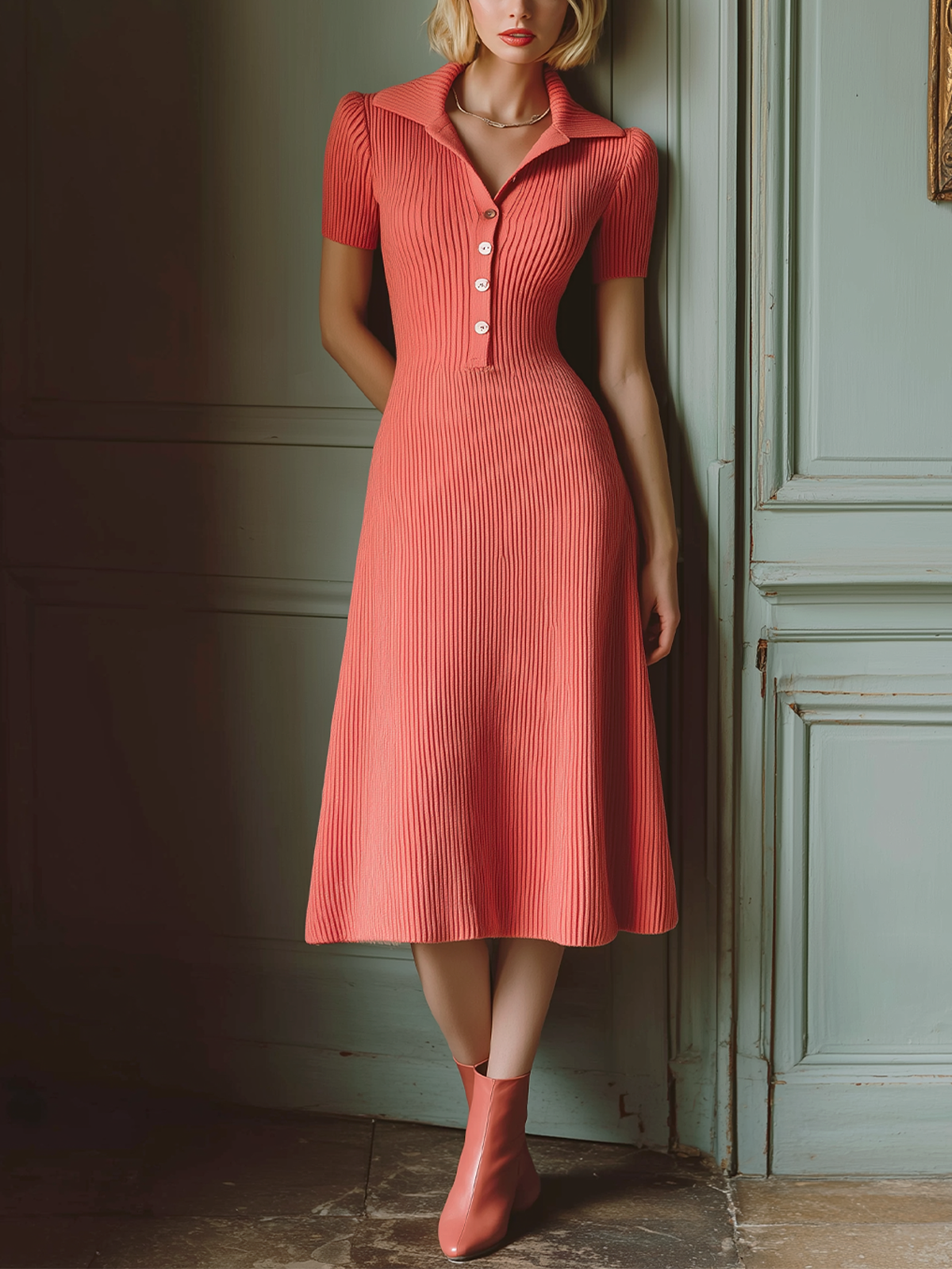 Chic Elegant Red Lapel Collar Short-Sleeve Button-Front Slim-Fit Ribbed Knit A-Line Midi Dress