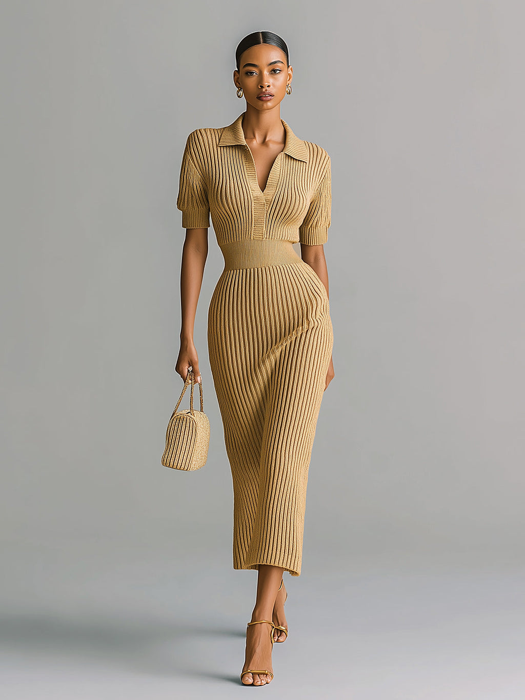 Chic Elegant Khaki Lapel Collar V-Neck Short-Sleeve Tailored Waist Ribbed Knit Midi Dress