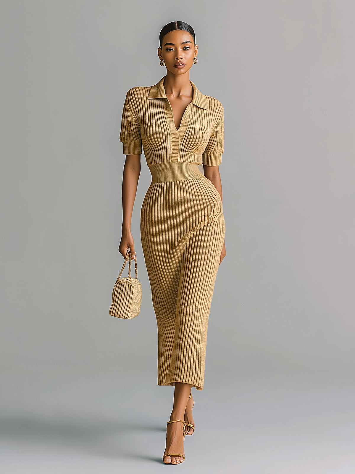 Chic Elegant Khaki Lapel Collar V-Neck Short-Sleeve Tailored Waist Ribbed Knit Midi Dress