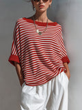 Chic Casual Red-White Stripes Boat-Neck Half-Sleeve Loose-Fit Soft Ribbed Knit Sweater Top