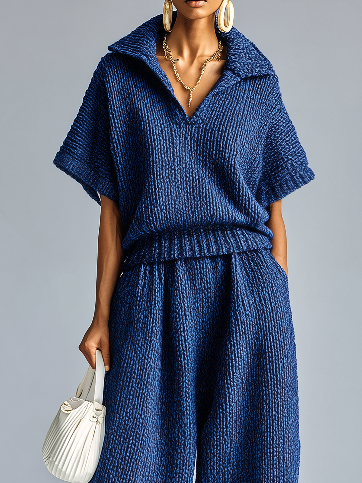 Fashion Casual Dark Blue Lapel V-neck Short-Sleeve Loose Sweater Wide-Leg Pants Knit Two-Piece Set