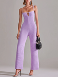 Stylish Elegant Light Purple Strappy Hollow-Out Wide-Leg Knit Jumpsuit