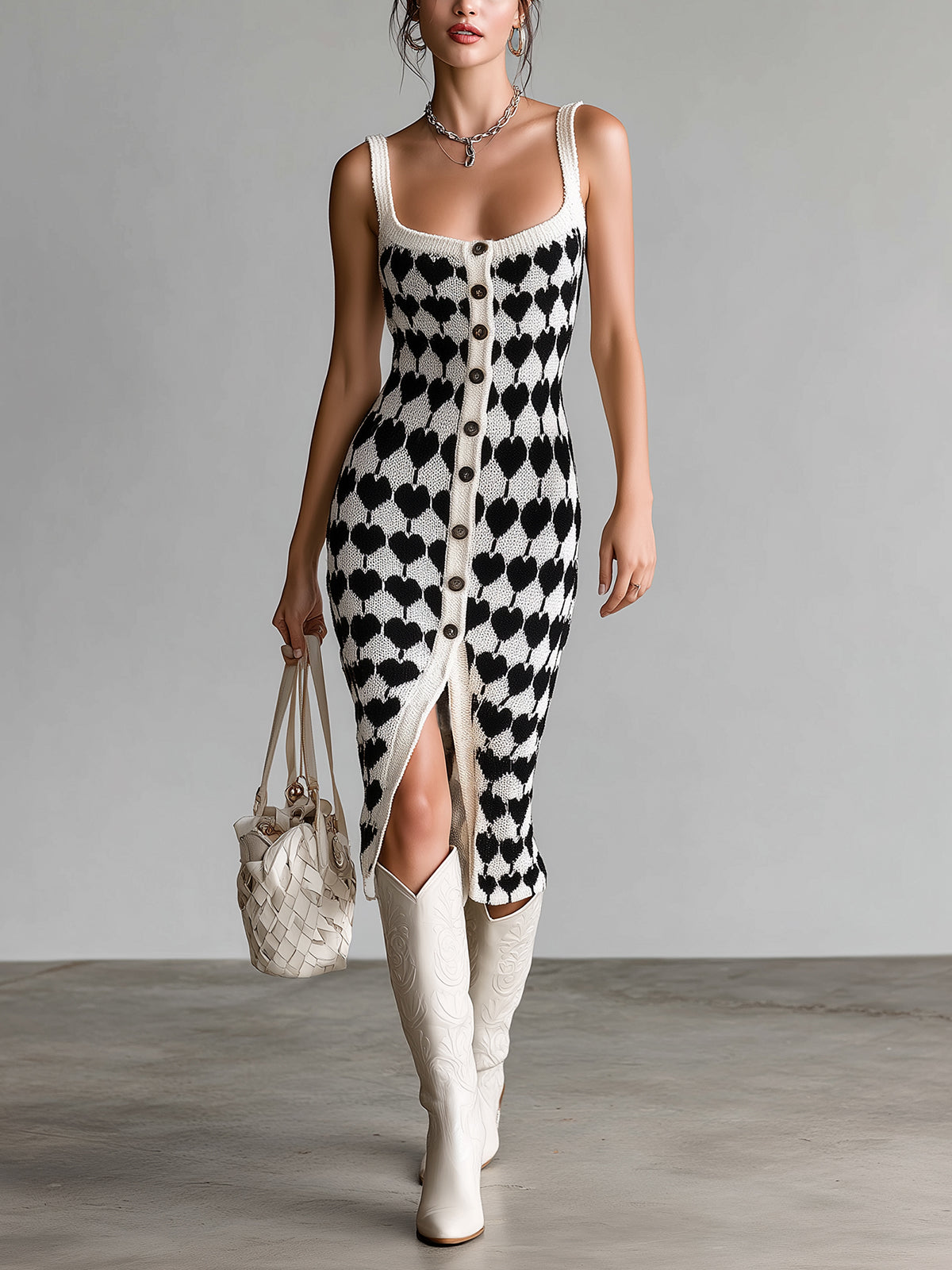 Chic Elegant Black-White Heart Pattern Strappy Single-Breasted Slim-Fit Knit Midi Dress