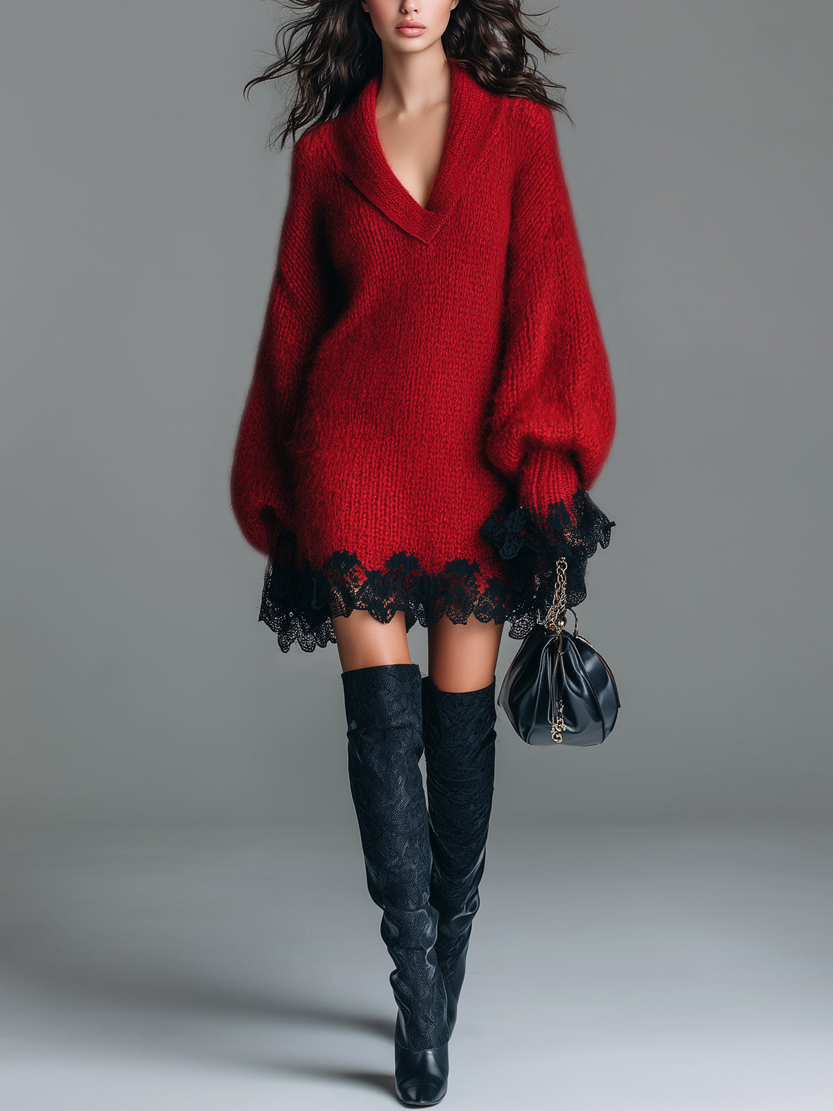 Chic Vintage Red Shawl Collar Long Lantern Sleeve Oversized Contrast Lace Hem Knit Mini Dress