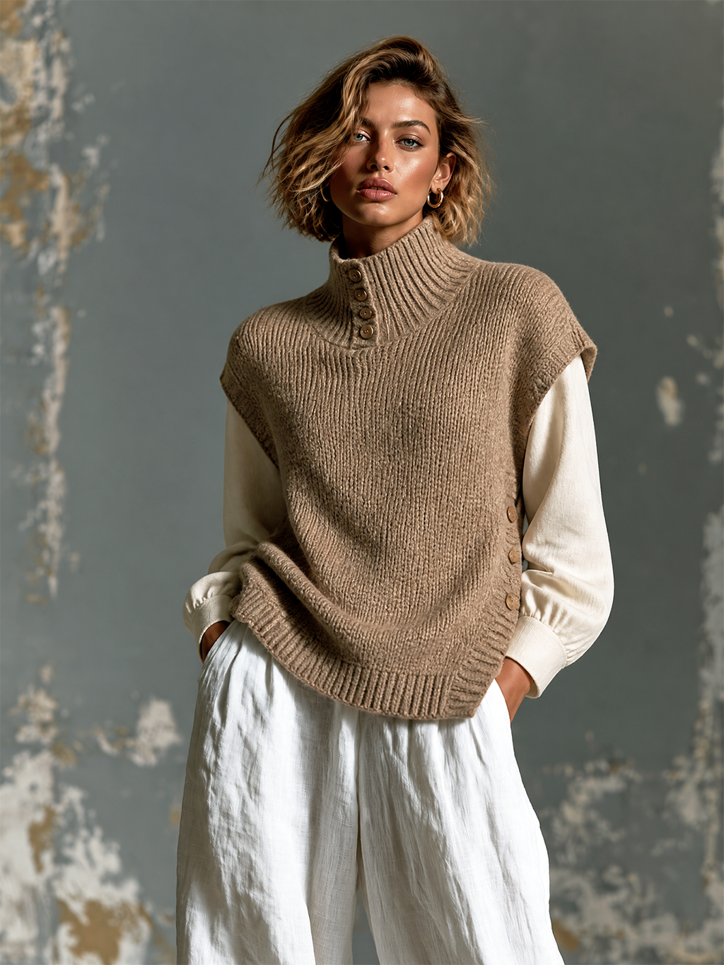 Chic Casual Camel Mock Neck Sleeveless Side-Slit Button Detail Loose-Fit Knit Vest