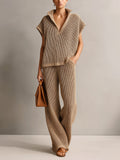 Chic Elegant Camel Stand Collar V-Neck Off-Shoulder Oversize Vest Beige Wide-Leg Pants Knit Two-Piece Set