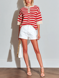 Chic Elegant Beige-Red Striped Crew Neck Button-Up Short-Sleeve Loose Knit Sweater Top White Cotton Shorts Two-Piece Set