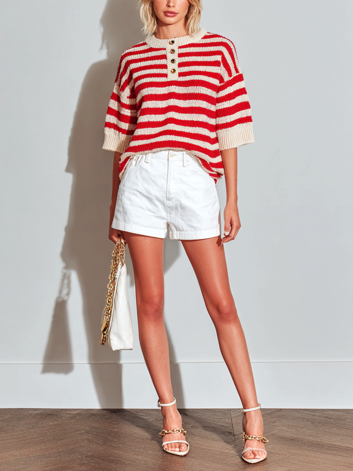 Chic Elegant Beige-Red Striped Crew Neck Button-Up Short-Sleeve Loose Knit Sweater Top White Cotton Shorts Two-Piece Set