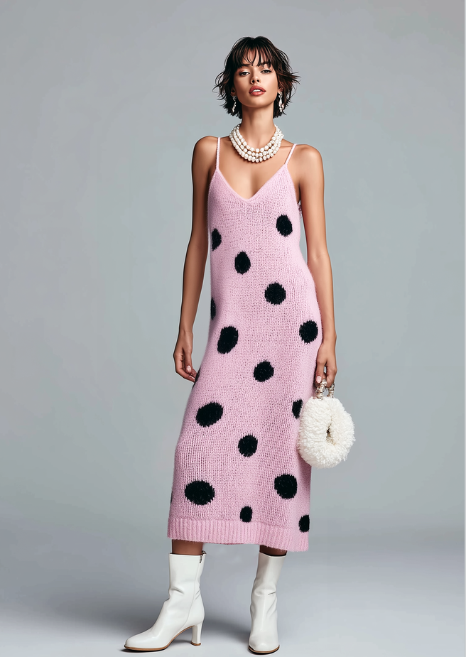 Stylish Elegant Pink Polka Dot V-Neck Strappy Loose Ribbed Knit Midi Dress