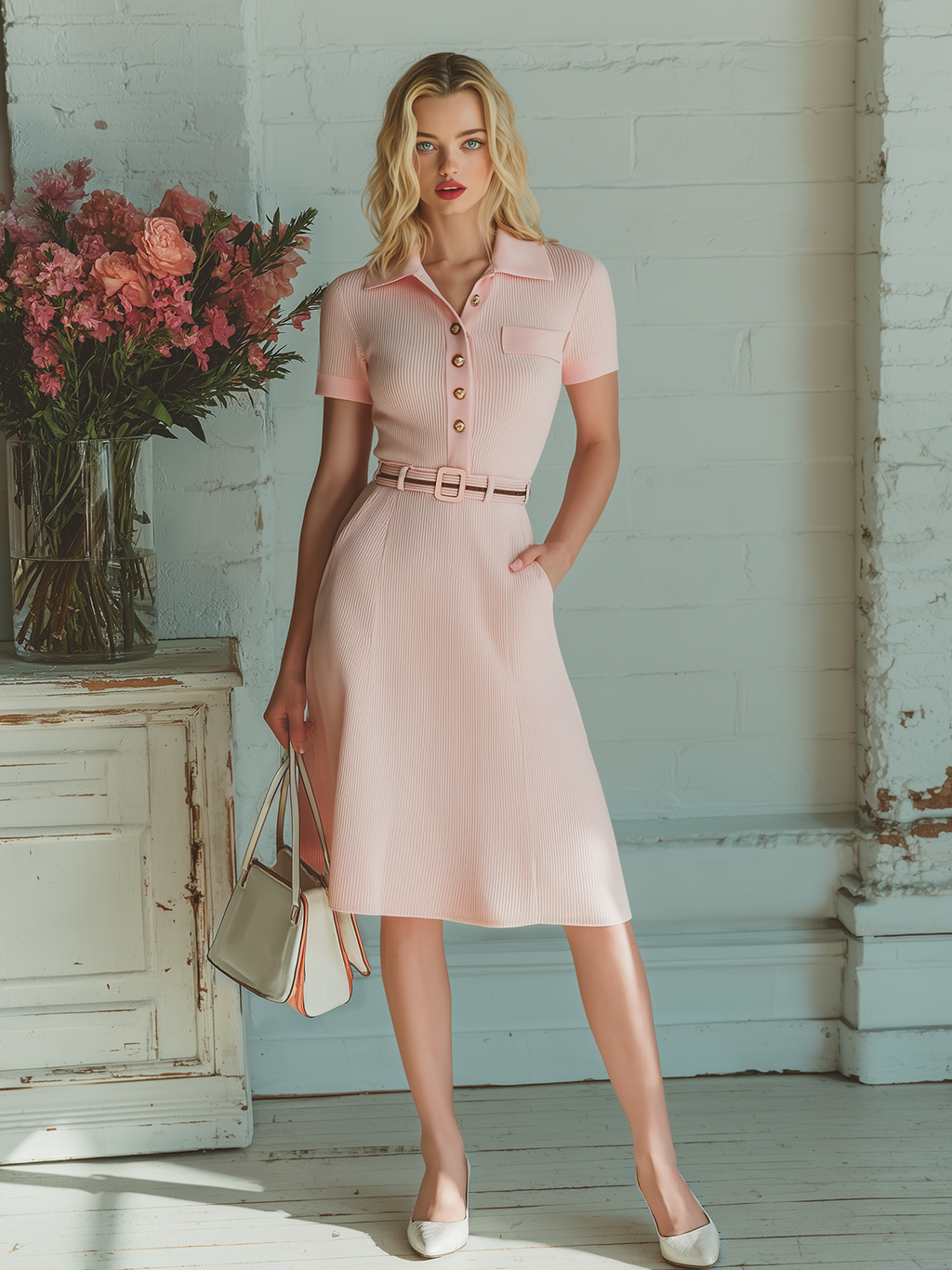 Chic Vintage Pink Polo Collar Short Sleeve Button-Front Belted Patch Pocket Slim-Fit Flare Hem Ribbed Knit Midi Dress