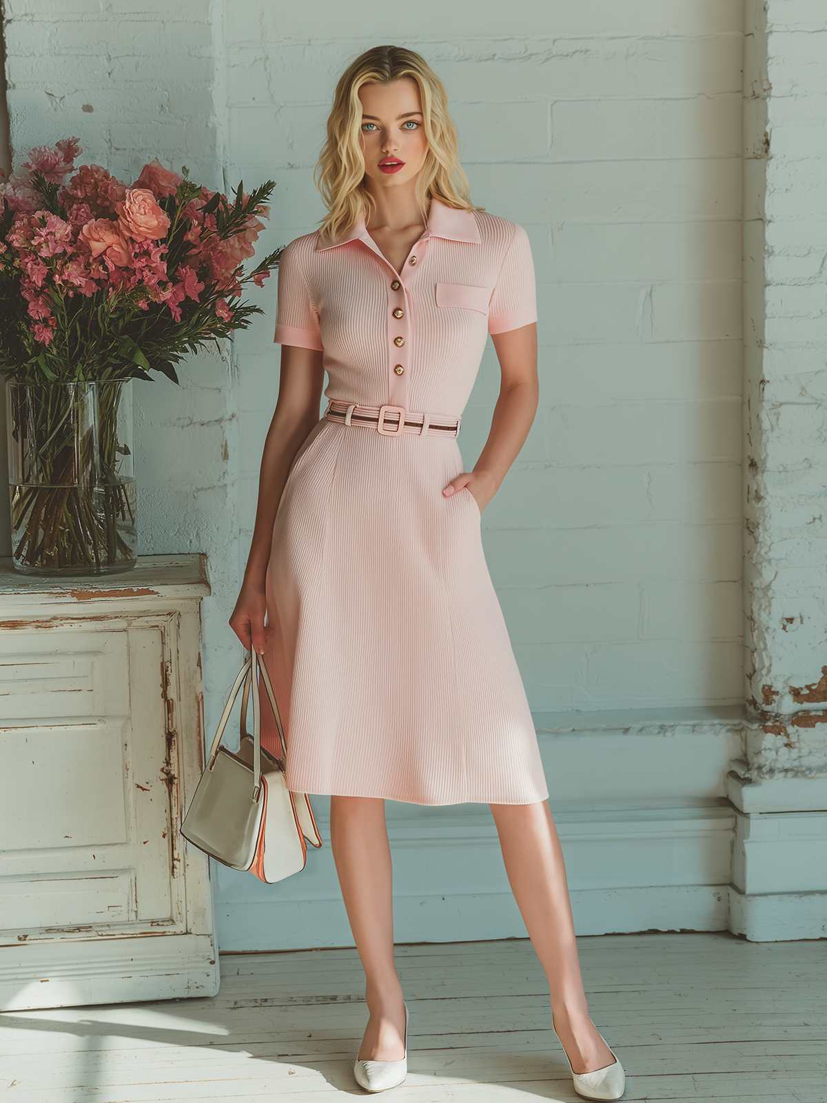 Chic Vintage Pink Polo Collar Short Sleeve Button-Front Belted Patch Pocket Slim-Fit Flare Hem Ribbed Knit Midi Dress