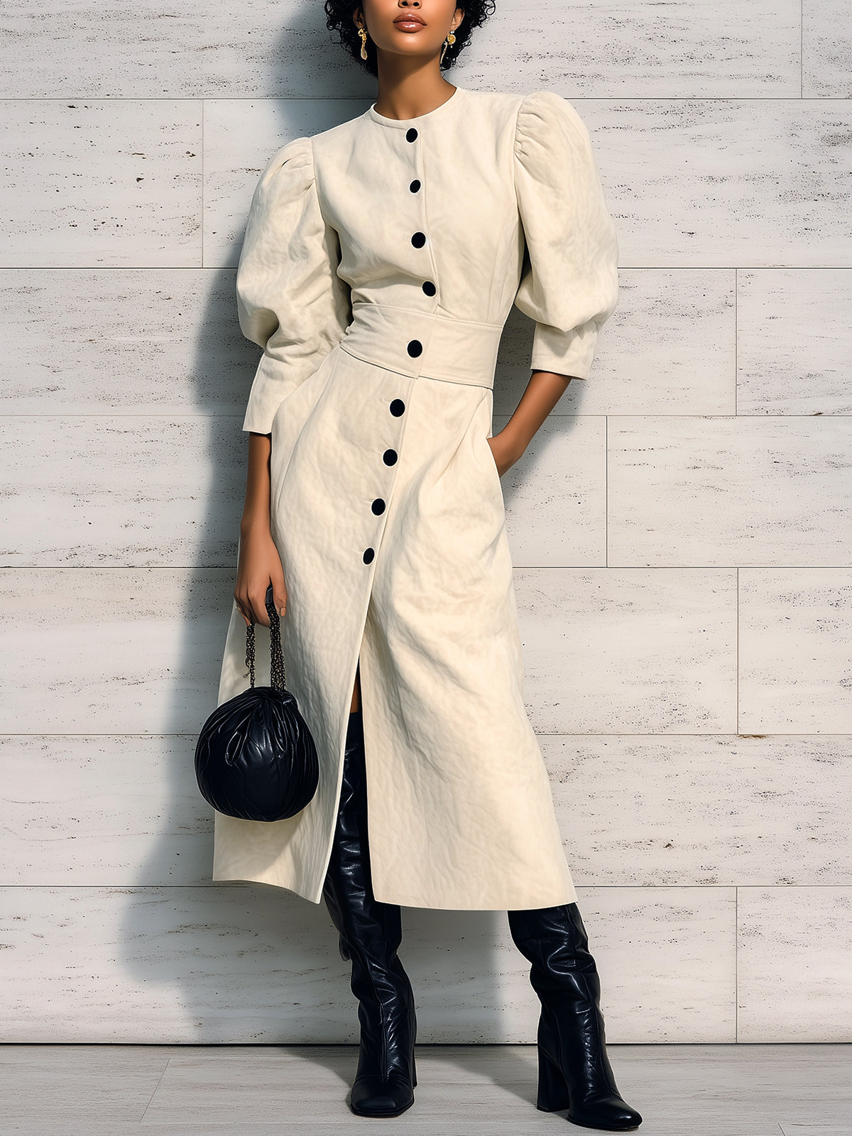 Chic Elegant Cream White Faux Suede Round Neck Single-Breasted Puff Sleeve Tailored Waist Slim-Fit Midi Dress