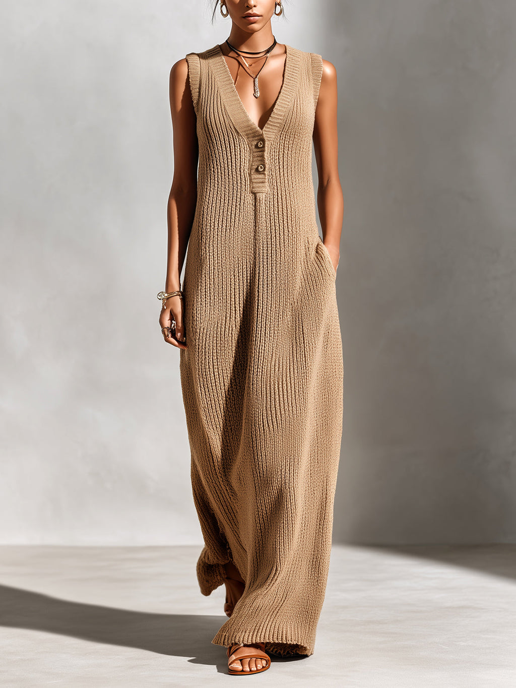 Chic Elegant Camel V-Neck Button-Front Sleeveless Loose-Fit Ribbed Knit Maxi Dress