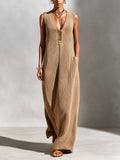 Chic Elegant Camel V-Neck Button-Front Sleeveless Loose-Fit Ribbed Knit Maxi Dress