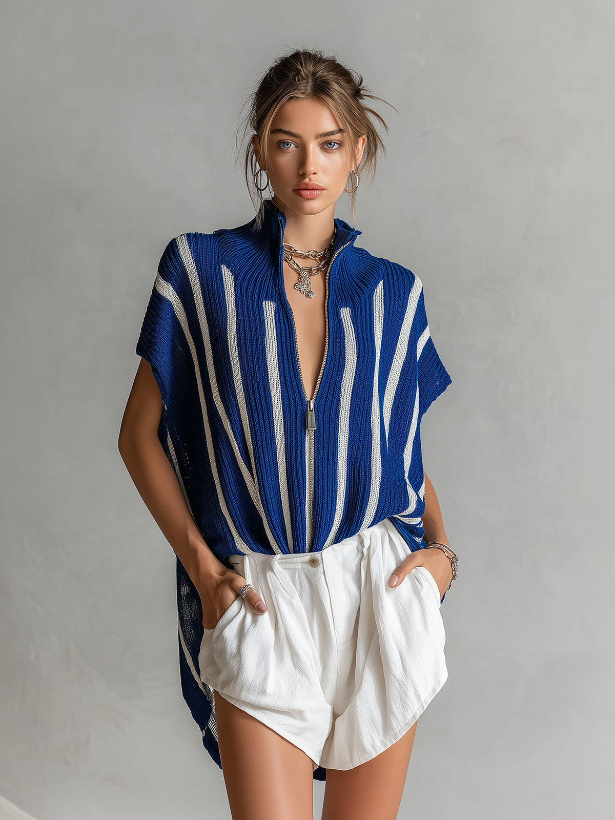 Chic Casual Royal Blue-White Striped Zipper-Up Stand Collar Loose-Fit Asymmetrical Hem Knit Vest Top
