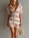 Chic Elegant Pink-White Stripes Hooded Short-Sleeve Zipper-Front Loose-Fit Knit Mini Dress