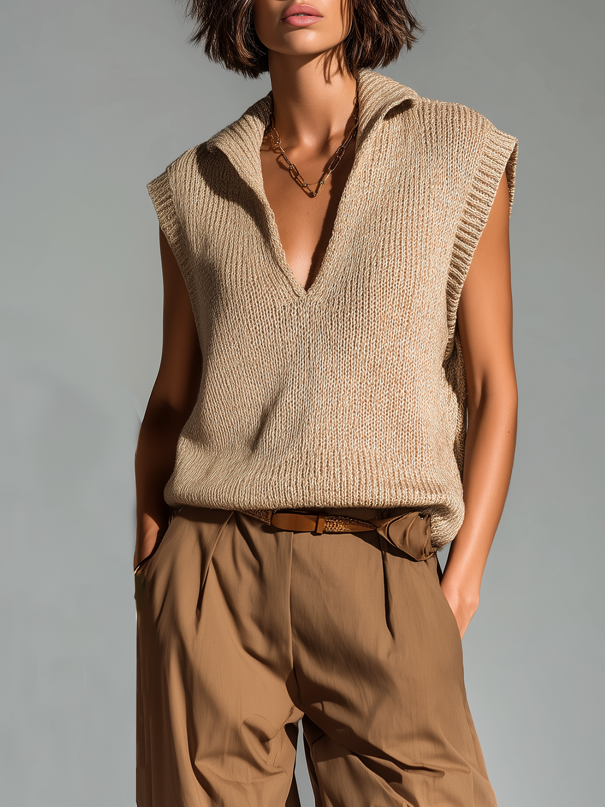 Fashion Casual Camel Lapel Deep V-neck Loose Sleeveless Knit Vest