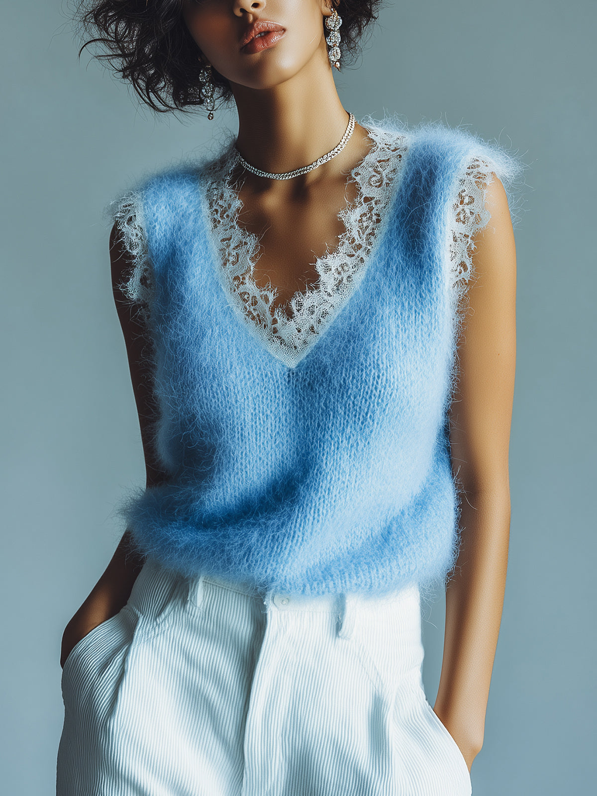 Chic Vintage Blue V-Neck Lace Trim Details Sleeveless Loose-Fit Fuzzy Knit Tank Top