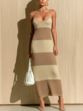 Stylish Elegant Beige-Camel Striped Strappy Sleeveless Slim-Fit Ribbed Knit Maxi Dress