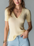 Chic Casual Yellow V-Neck Short Sleeve Oversized Ribbed Knit Sweater