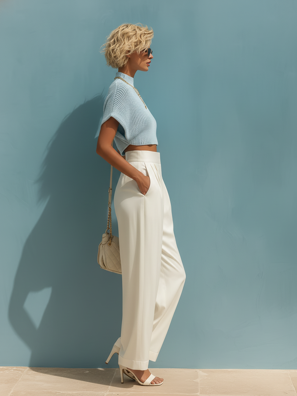 Stylish Elegant Light Blue Mock Neck Short-Sleeve Loose Sweater White Wide-Leg Pants Two-Piece Set