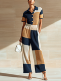 Stylish Elegant Navy Blue-Brown Colorblock Lapel Collar Button-Front Slim-Fit Wide-Leg Ribbed Knit Jumpsuit
