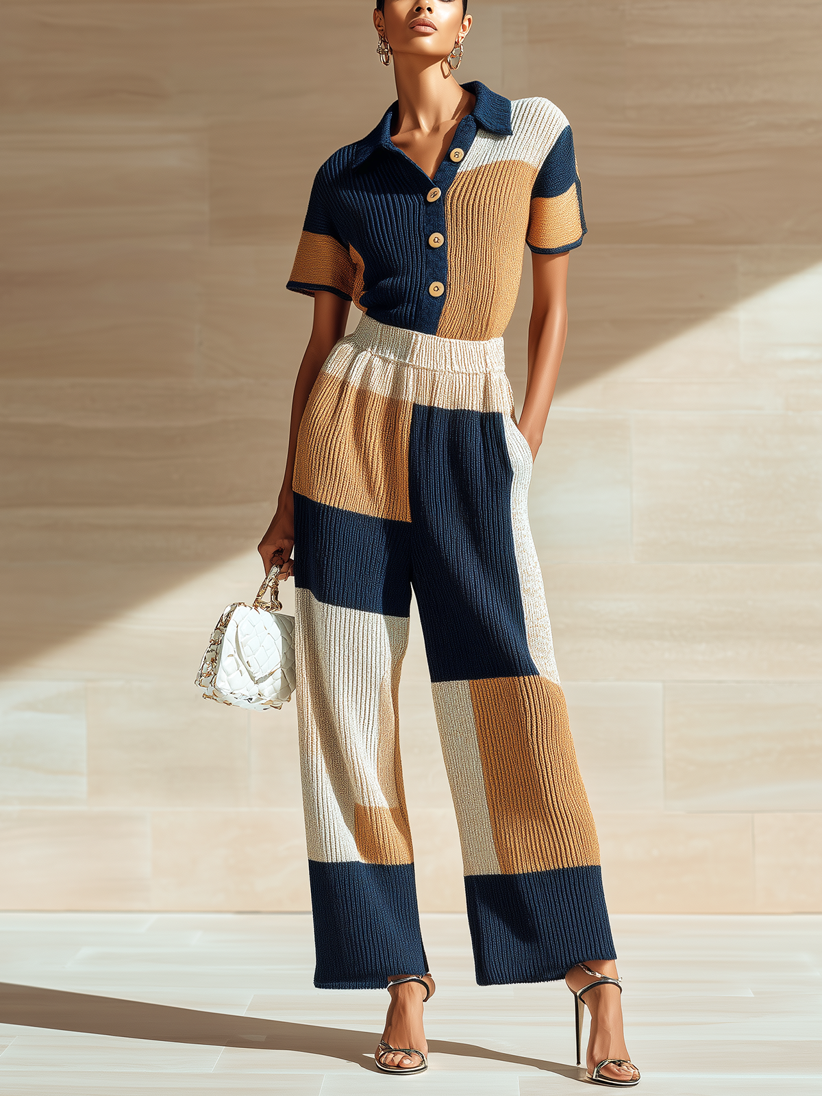 Stylish Elegant Navy Blue-Brown Colorblock Lapel Collar Button-Front Slim-Fit Wide-Leg Ribbed Knit Jumpsuit