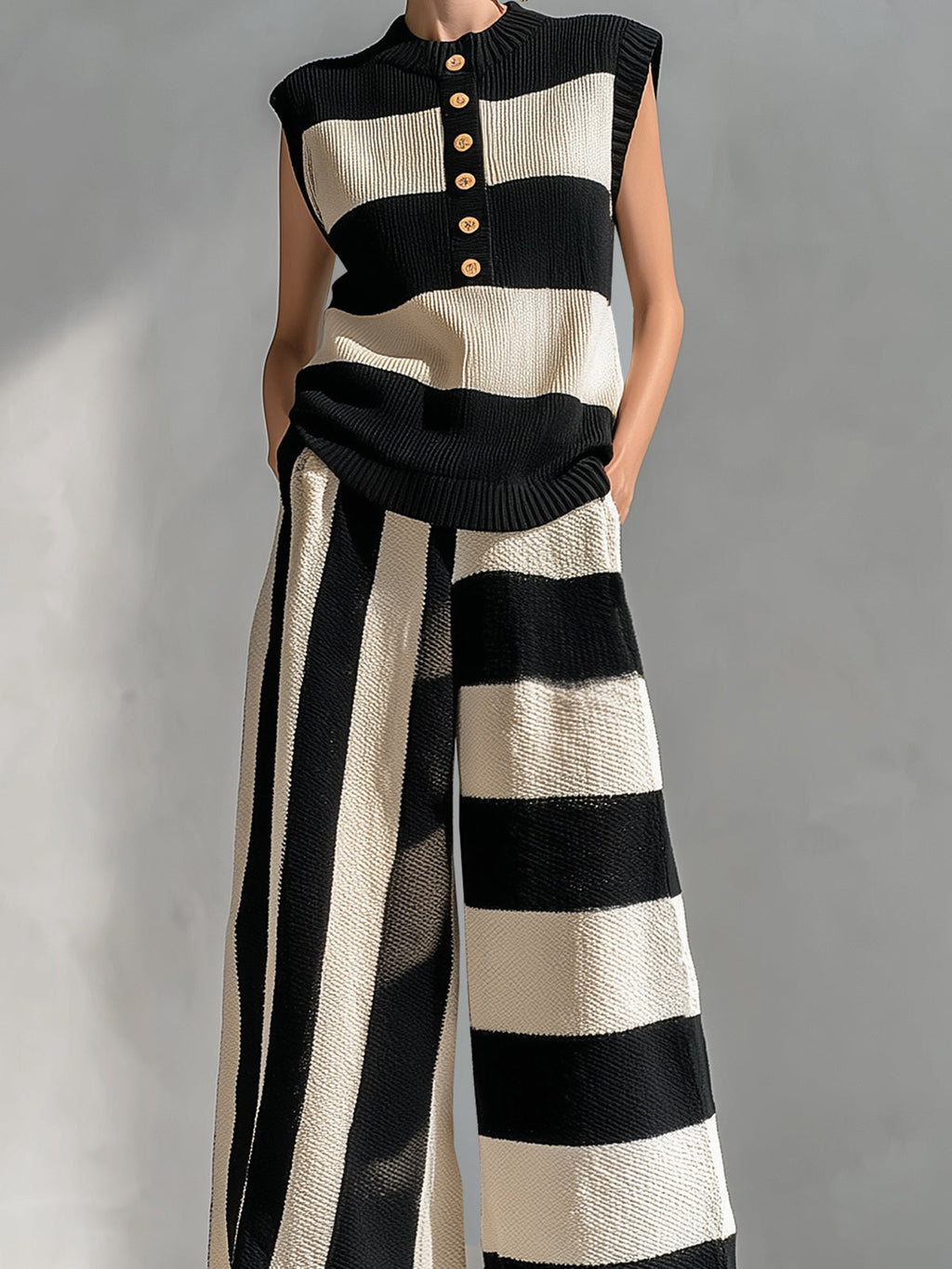 Chic Elegant Black-Beige Stripes Round-Neck Sleeveless Oversize Vest Loose-Fit Wide-Leg Pants Ribbed Knit Two-Piece Set