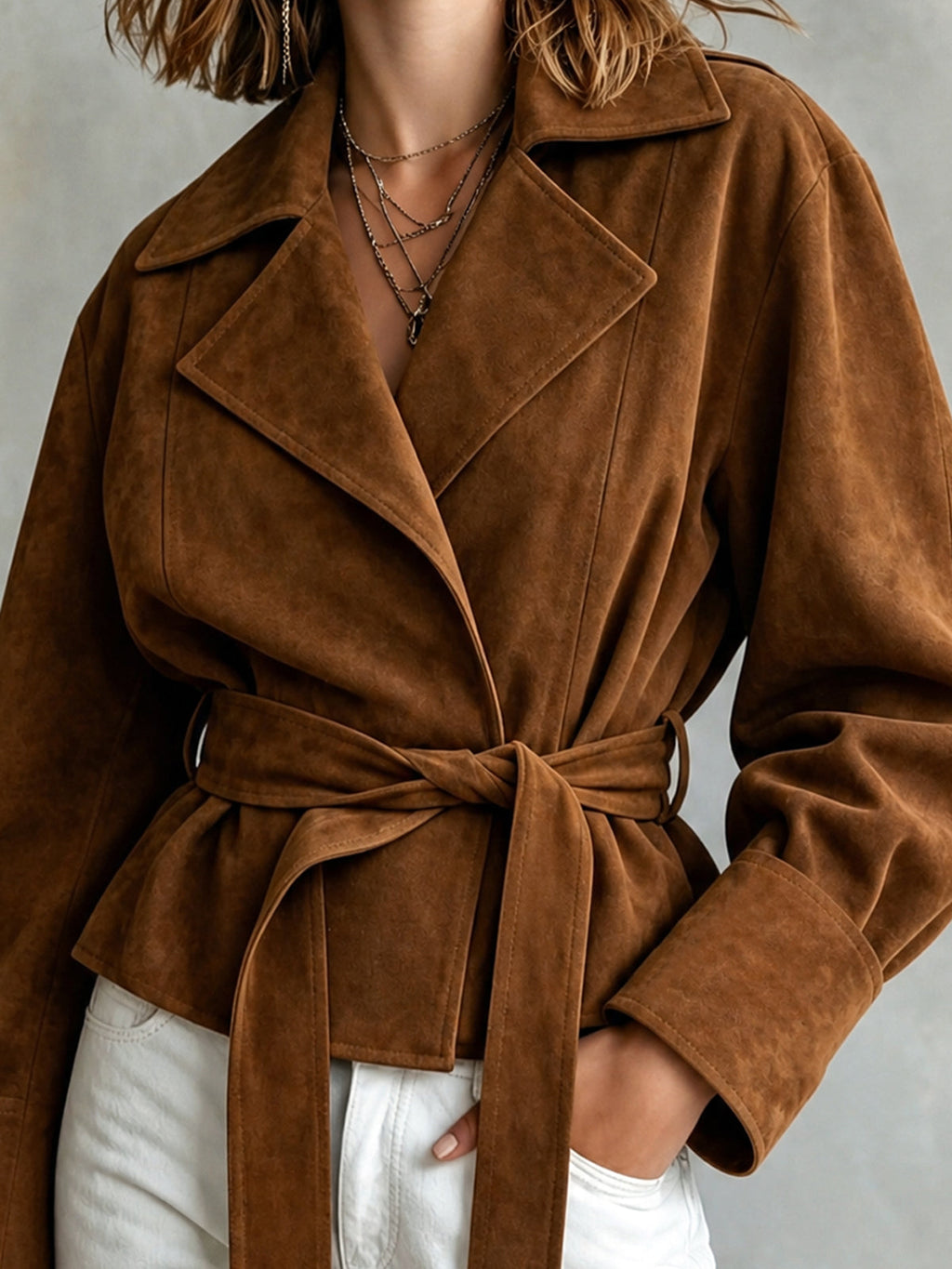 Chic Elegant Brown Faux Suede Notched Lapel Open-Front Belted Long-Sleeve Loose-Fit Cropped Jacket