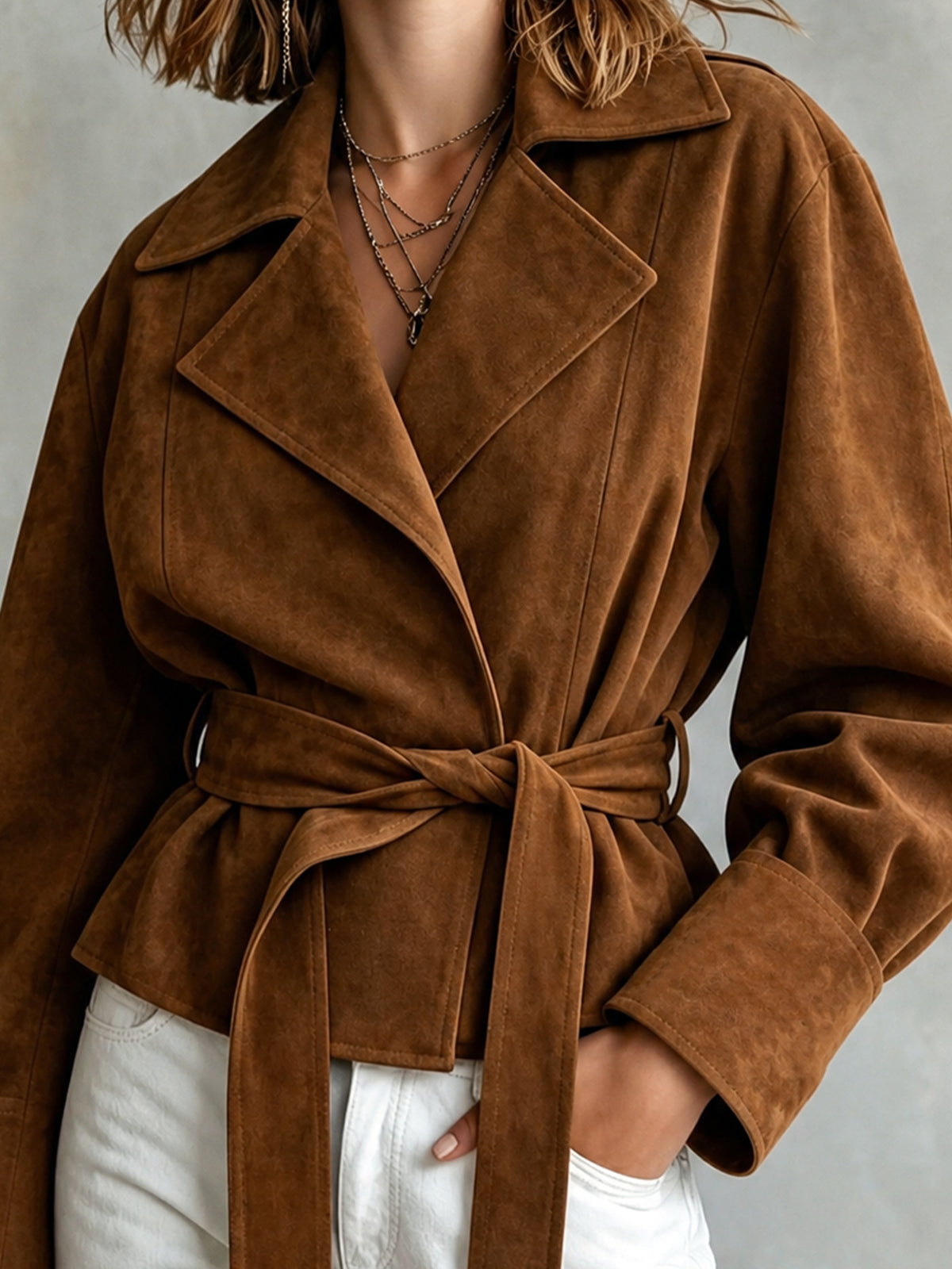 Chic Elegant Brown Faux Suede Notched Lapel Open-Front Belted Long-Sleeve Loose-Fit Cropped Jacket