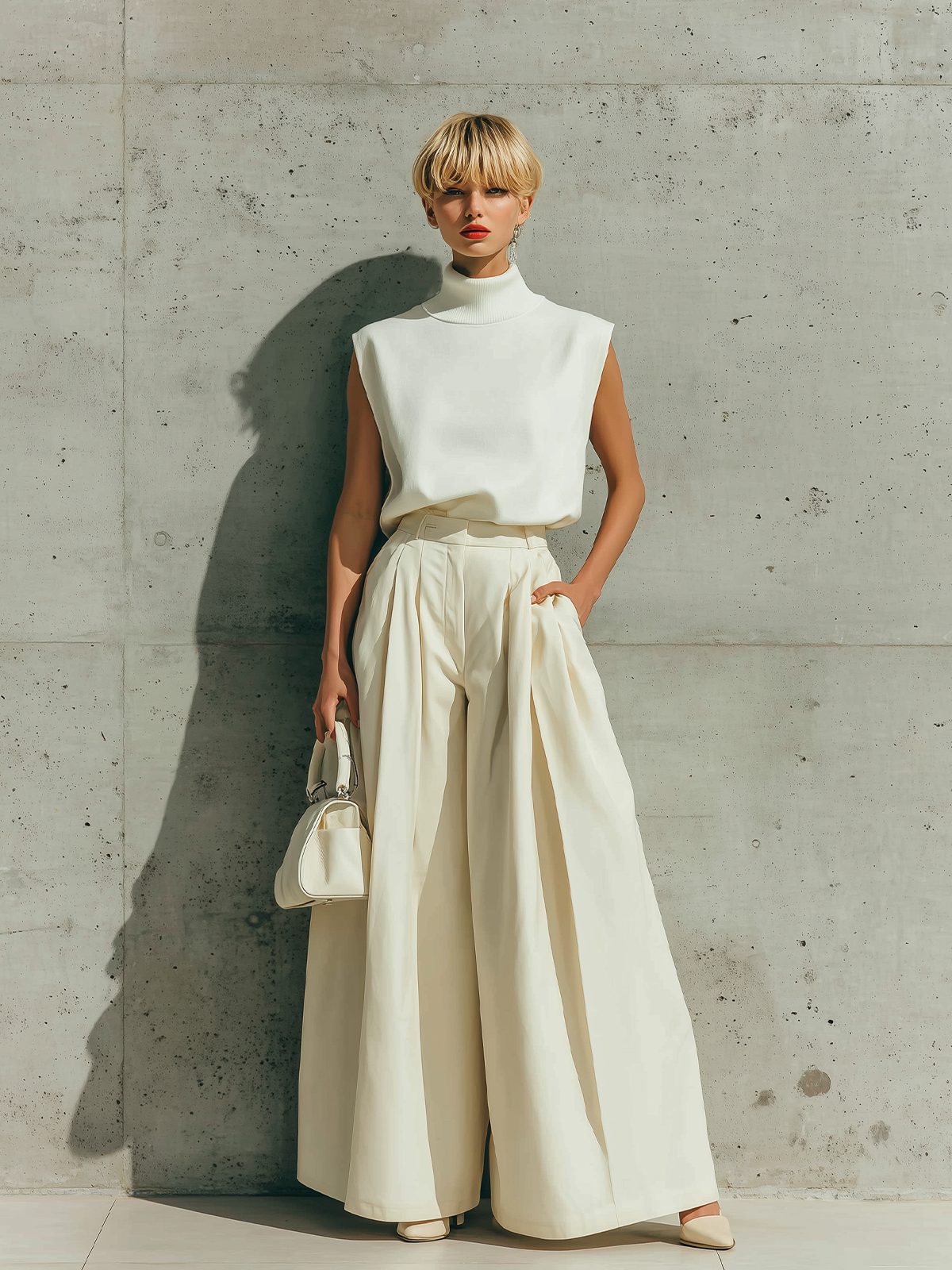 Stylish Elegant White Turtleneck Sleeveless Loose-Fit Knit Vest Top Beige High-Waist Wide-Leg Pants Teo-Piece Set
