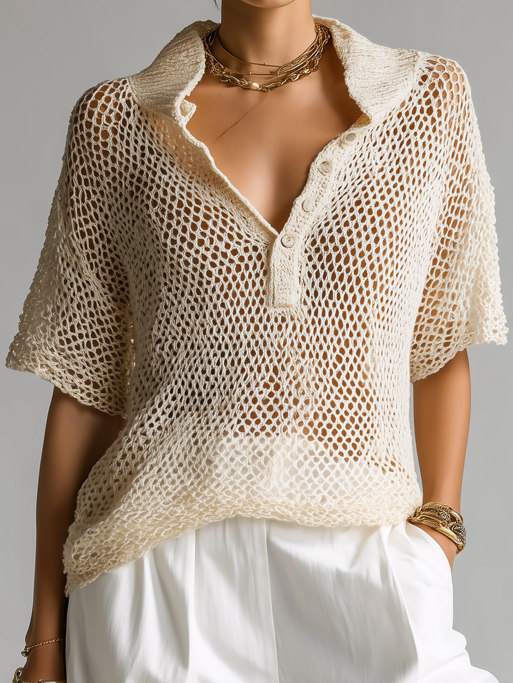 Fashion Casual Beige Lapel Button Mesh Short-Sleeve Loose Knit Sweater Top