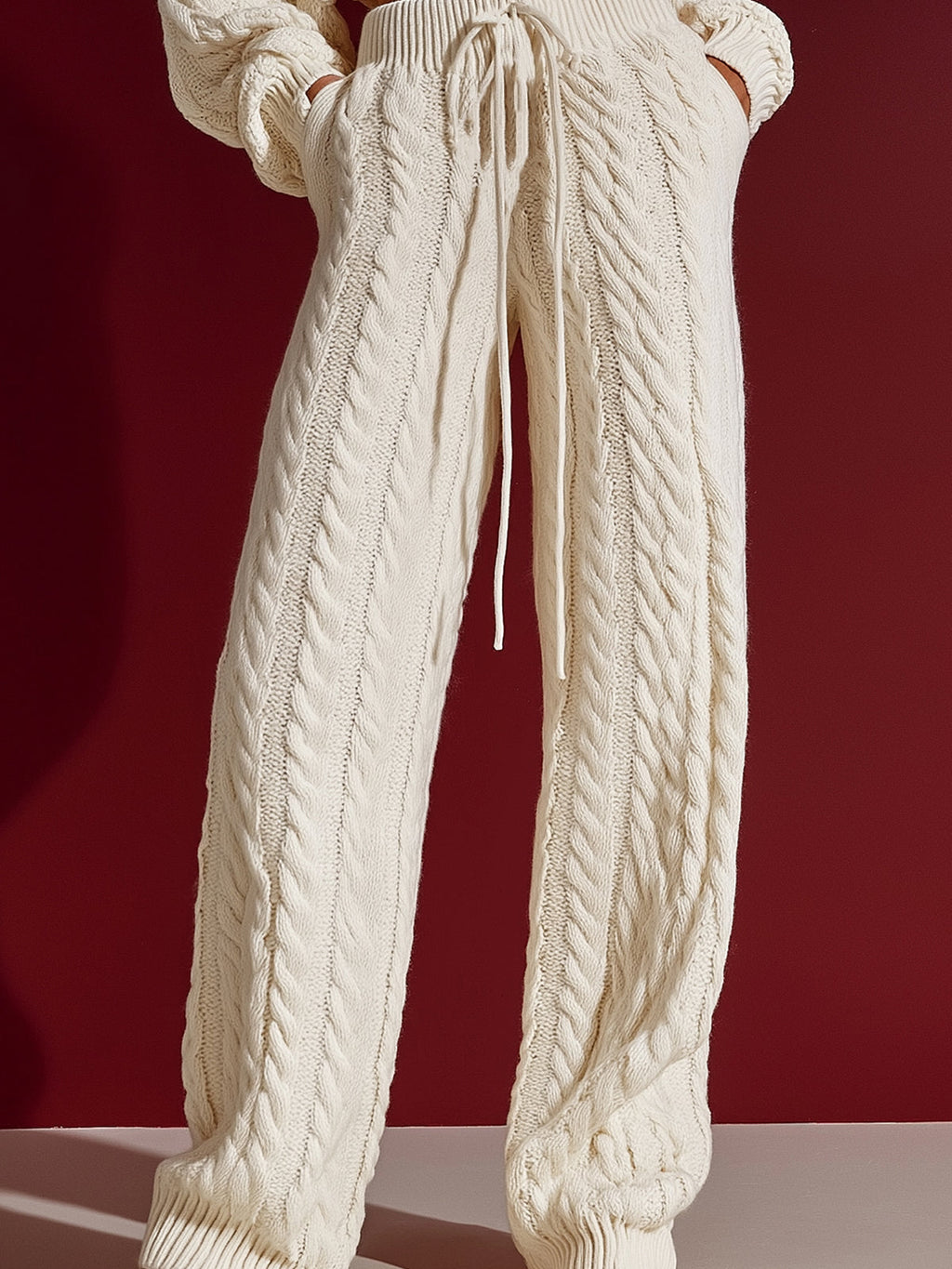 Chic Elegant Beige Drawstring Elastic Waist Side Pocket Cable-Knit Wide-Leg Pants