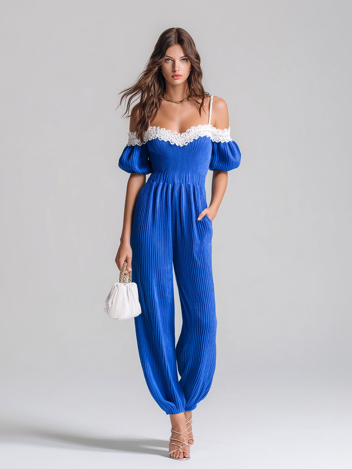 Chic Elegant Royal Blue Off-The-Shoulder Short-Sleeve Lace Details Elastic Waist Loose-Fit Knit Harem Jumpsuit