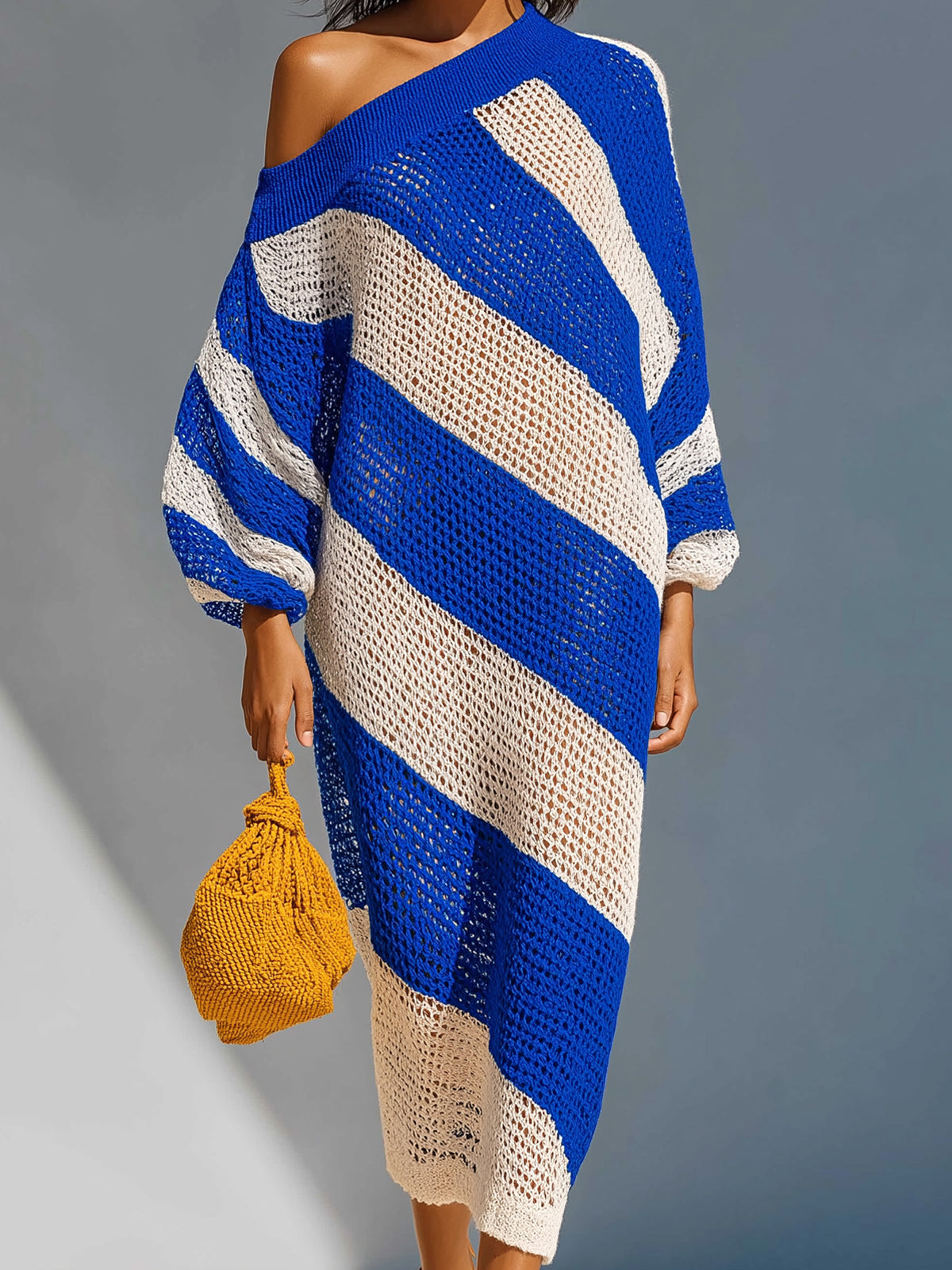 Chic Elegant Royal Blue-White Stripes One-Shoulder Long Lantern Sleeve Loose-Fit Knit Maxi Dress