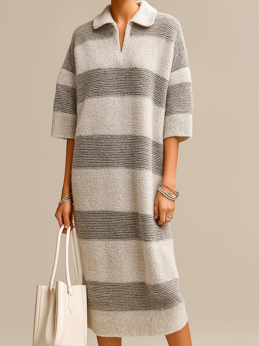 Chic Casual Gray Colorblock Stripes Lapel V-Neck Short-Sleeve Oversize Knit Midi Dress