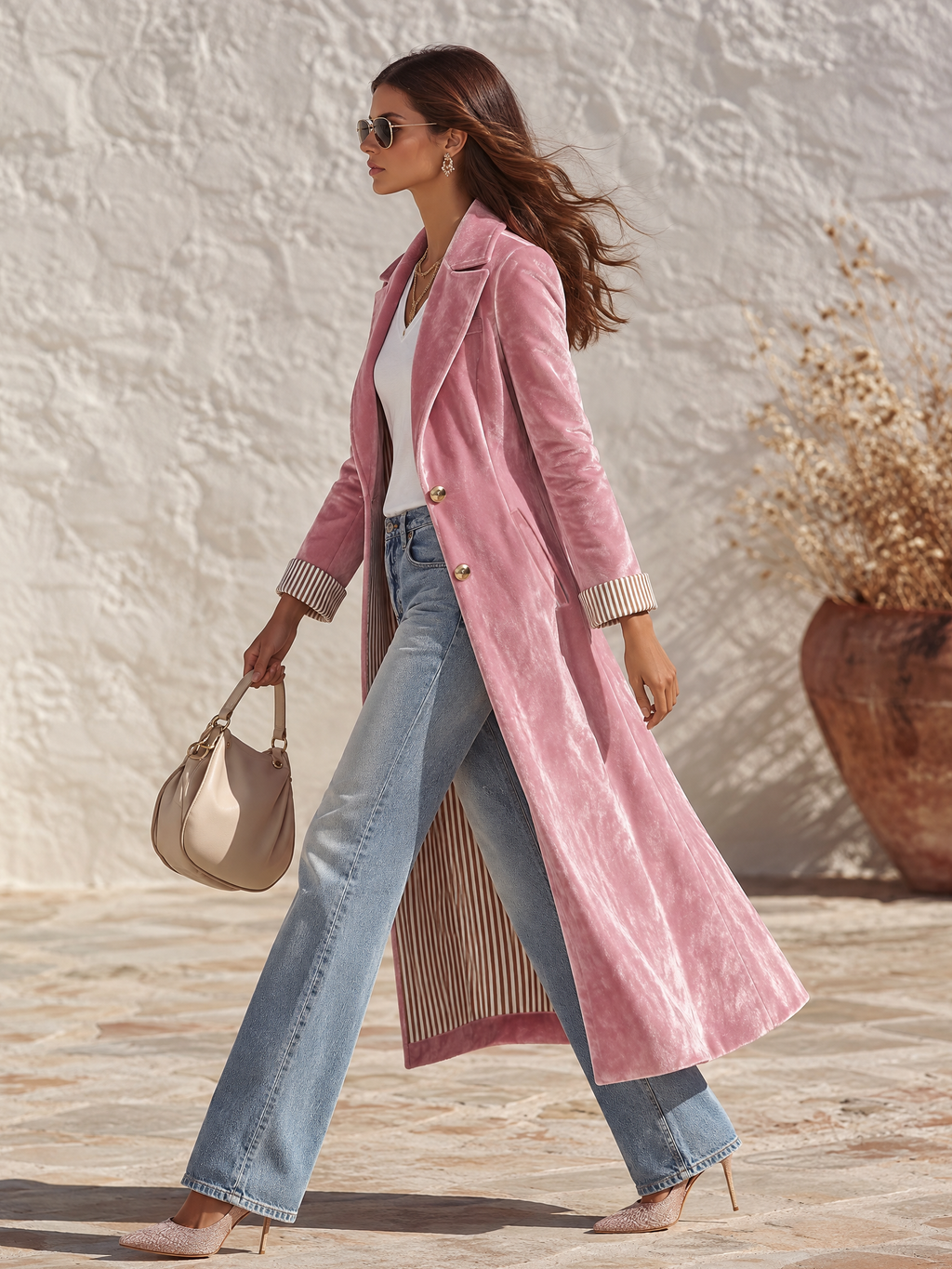 Retro Striped Lining Mid-length Velvet Coat