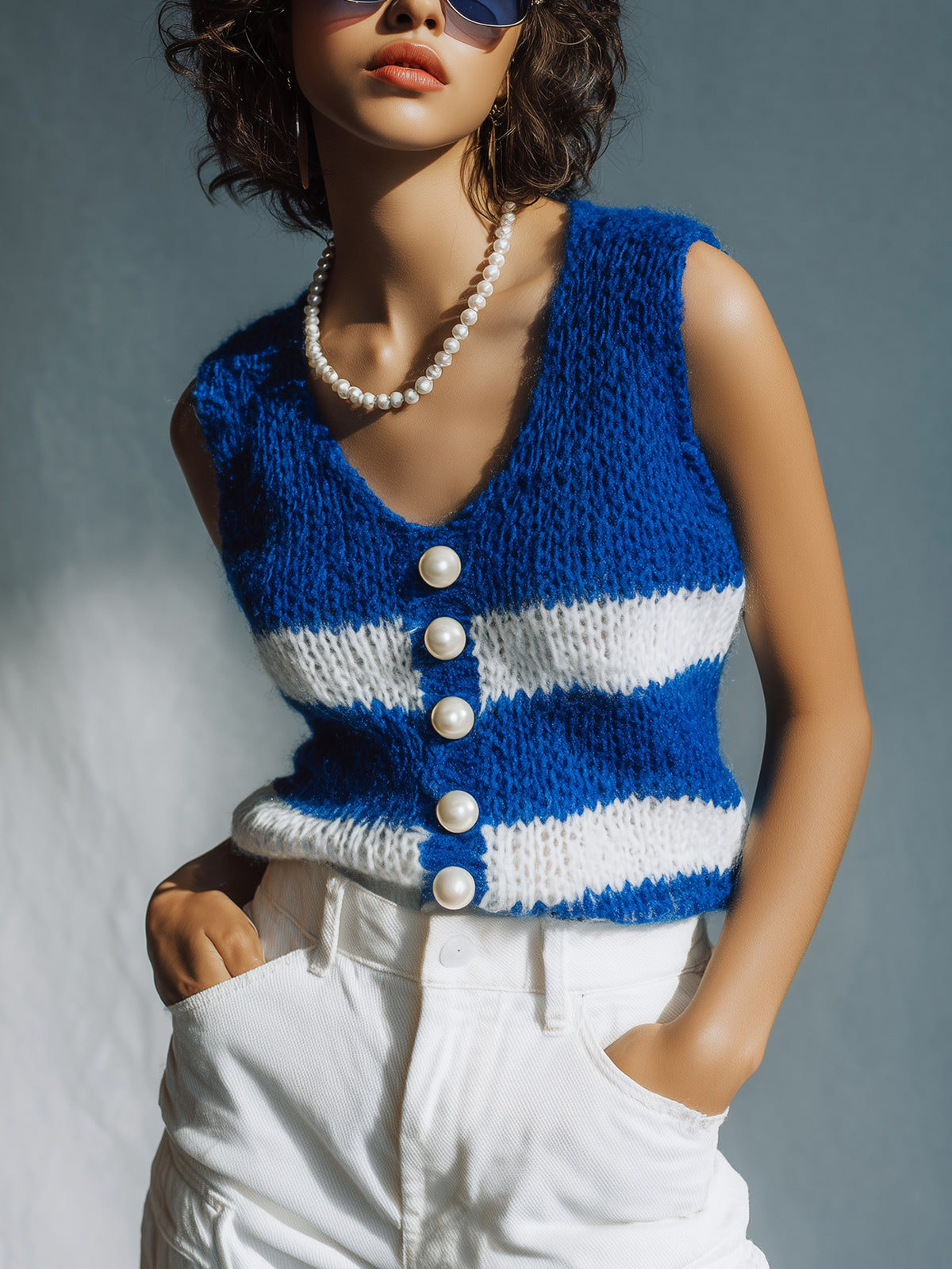 Chic Casual Royal Blue Stripes V-Neck Pearl Button Details Lace-Up Details Loose-Fit Knit Vest