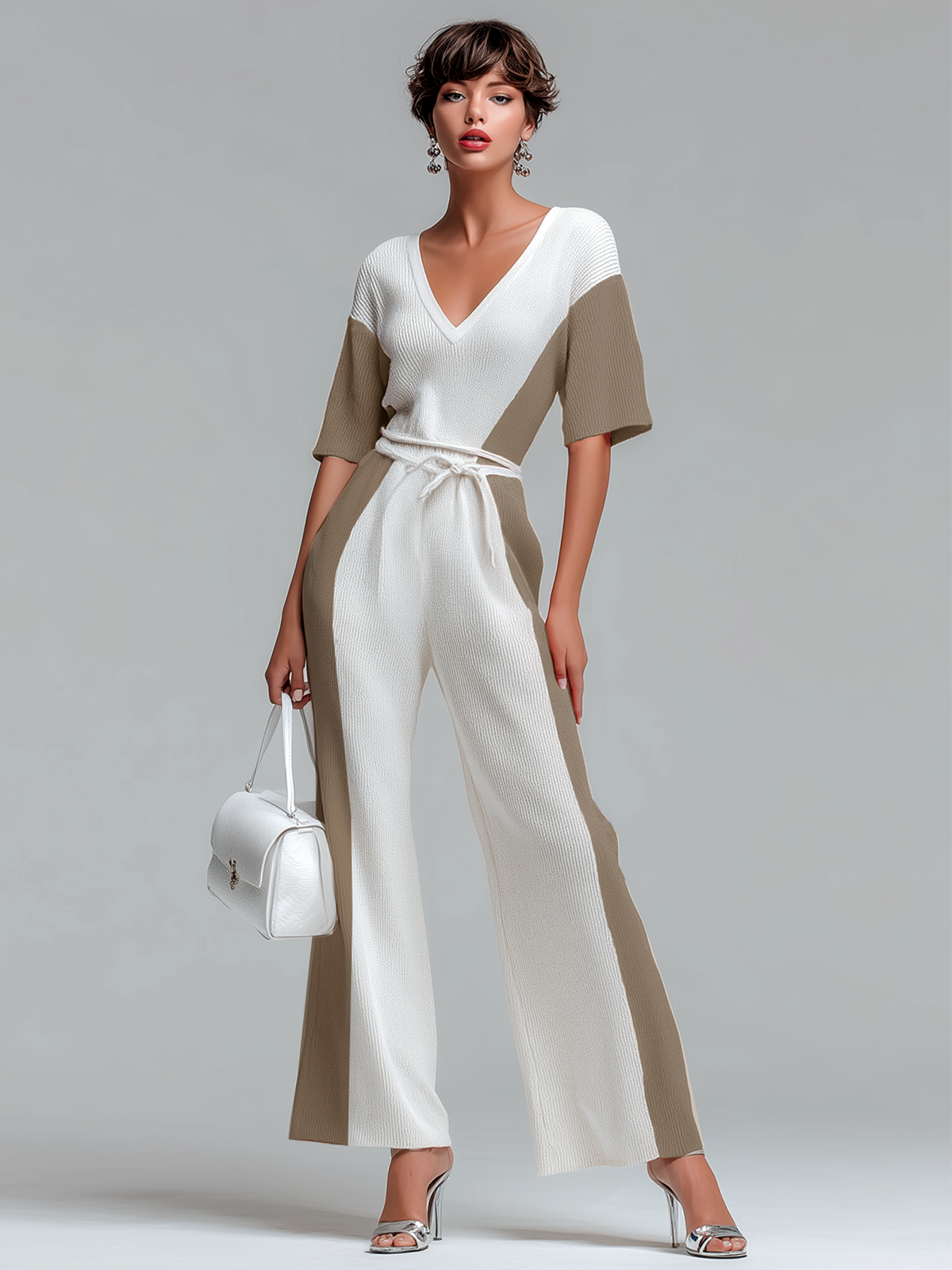 Stylish Elegant White Contrast V-Neck Short-Sleeve Loose-Fit Tie-Waist Wide-leg Knit Jumpsuit